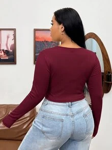 SHEIN EZwear 女款純色抓皺修身百搭長袖T恤，適合日常穿著，秋季款 - 酒紅色 - 查看 2