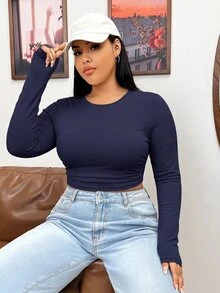 SHEIN EZwear Navy Blue Ribbed Knit Fitted Women's T-Shirt - Navy Blue - View 3