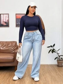 SHEIN EZwear Navy Blue Ribbed Knit Fitted Women's T-Shirt - Navy Blue - View 5