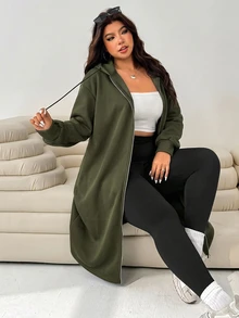 Solflare Women's Plus Size Zipper Pocket Long Sleeve Hooded Jacket Fall - Army Green - View 6
