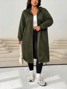 Solflare Women's Plus Size Zipper Pocket Long Sleeve Hooded Jacket Fall - Army Green - View 4