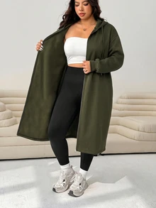 Solflare Women's Plus Size Zipper Pocket Long Sleeve Hooded Jacket Fall - Army Green - View 3