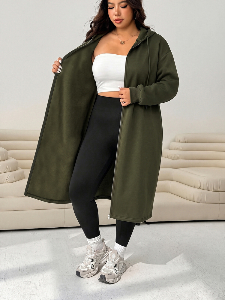 Solflare Women's Plus Size Zipper Pocket Long Sleeve Hooded Jacket Fall - Army Green - View 3