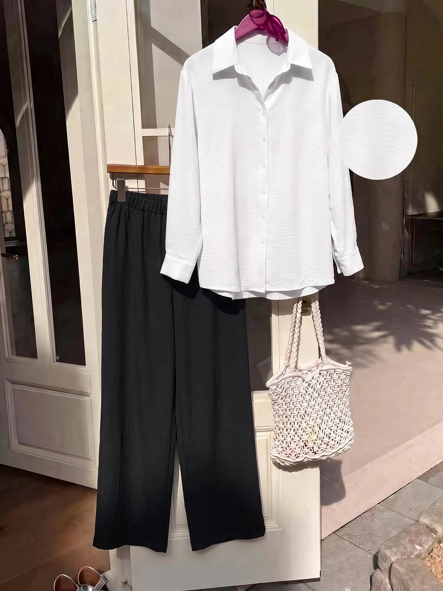 SHEIN EZwear Plus Size Women Solid Color Long Sleeve Single-Breasted Shirt And Wide Leg Pants Casual 2 Pieces Set Fall - Black and White - View 1