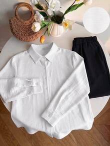 SHEIN EZwear Plus Size Women Solid Color Long Sleeve Single-Breasted Shirt And Wide Leg Pants Casual 2 Pieces Set Fall - Black and White - View 3