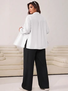 SHEIN EZwear Plus Size Women Solid Color Long Sleeve Single-Breasted Shirt And Wide Leg Pants Casual 2 Pieces Set Fall - Black and White - View 2