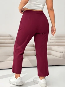 SHEIN EZwear Burgundy Women's Plus Size Knit Cropped Leggings Fall - Burgundy - View 2
