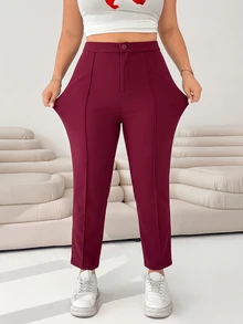 SHEIN EZwear Burgundy Women's Plus Size Knit Cropped Leggings Fall - Burgundy - View 1