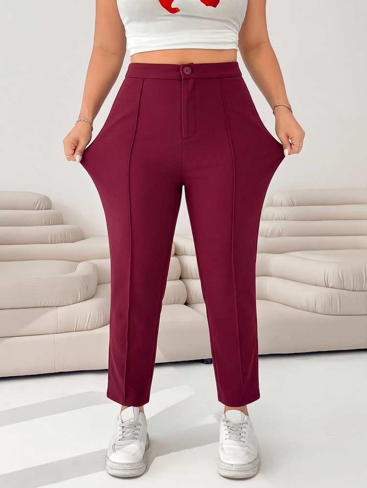 SHEIN EZwear Burgundy Women's Plus Size Knit Cropped Leggings Fall - Burgundy - View 1