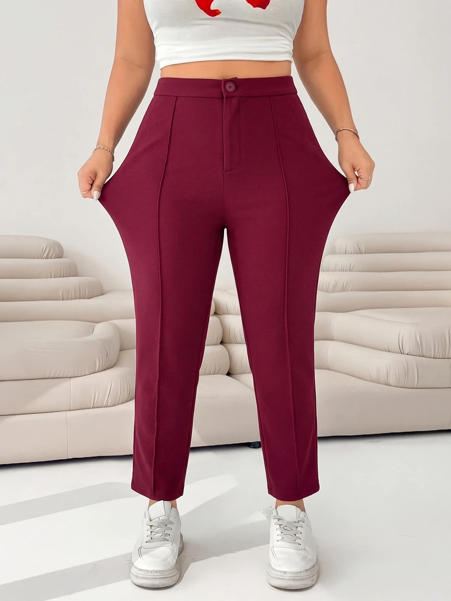SHEIN EZwear Burgundy Women's Plus Size Knit Cropped Leggings Fall - Burgundy - View 1