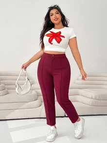 SHEIN EZwear Burgundy Women's Plus Size Knit Cropped Leggings Fall - Burgundy - View 5