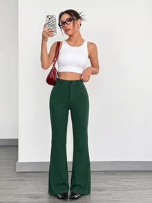 SHEIN EZwear Plus Size Women Solid Color Button Half-Placket Double Pocket Casual Fashion Flare Leg Pants Fall - Dark Green - View 3