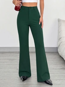 SHEIN EZwear Plus Size Women Solid Color Button Half-Placket Double Pocket Casual Fashion Flare Leg Pants Fall - Dark Green - View 4