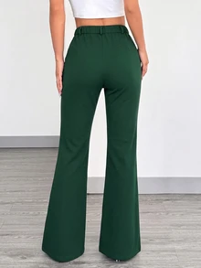 SHEIN EZwear Plus Size Women Solid Color Button Half-Placket Double Pocket Casual Fashion Flare Leg Pants Fall - Dark Green - View 2