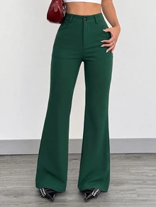SHEIN EZwear Plus Size Women Solid Color Button Half-Placket Double Pocket Casual Fashion Flare Leg Pants Fall - Dark Green - View 1
