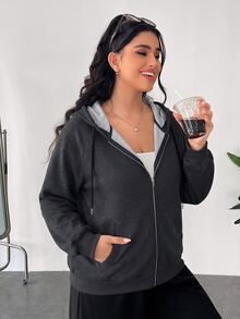 SHEIN EZwear 灰色大尺碼女款落肩長袖前拉鍊抽繩連帽衛衣，秋季畢業旅行外出休閒運動寬鬆款 - 灰色 - 查看 3