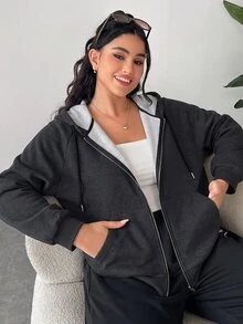 SHEIN EZwear 灰色大尺碼女款落肩長袖前拉鍊抽繩連帽衛衣，秋季畢業旅行外出休閒運動寬鬆款 - 灰色 - 查看 4
