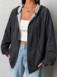 SHEIN EZwear 灰色大尺碼女款落肩長袖前拉鍊抽繩連帽衛衣，秋季畢業旅行外出休閒運動寬鬆款 - 灰色 - 查看 1