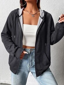 SHEIN EZwear 灰色大尺碼女款落肩長袖前拉鍊抽繩連帽衛衣，秋季畢業旅行外出休閒運動寬鬆款 - 灰色 - 查看 5