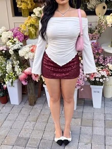 SHEIN EZwear Plus Size Women's Solid Color Off-Shoulder Ruched Fitted Versatile Casual T-Shirt Fall - White - View 3