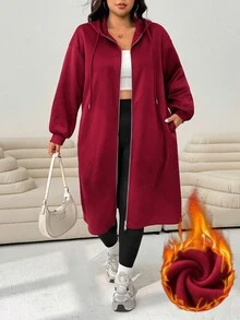 Solflare 酒紅色休閒大尺碼女款連帽夾克外套，附口袋 - 酒紅色 - 查看 1