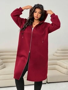 Solflare 酒紅色休閒大尺碼女款連帽夾克外套，附口袋 - 酒紅色 - 查看 6