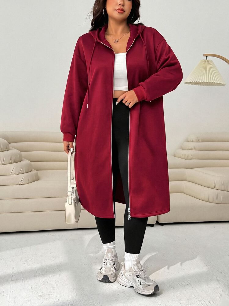 Solflare Burgundy Casual Plus Size Women's Hooded Jacket With Pockets - Burgundy - View 3