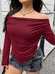 Muchica Burgundy Plus Size Women's Off-Shoulder T-Shirt Fall - Burgundy - View 7