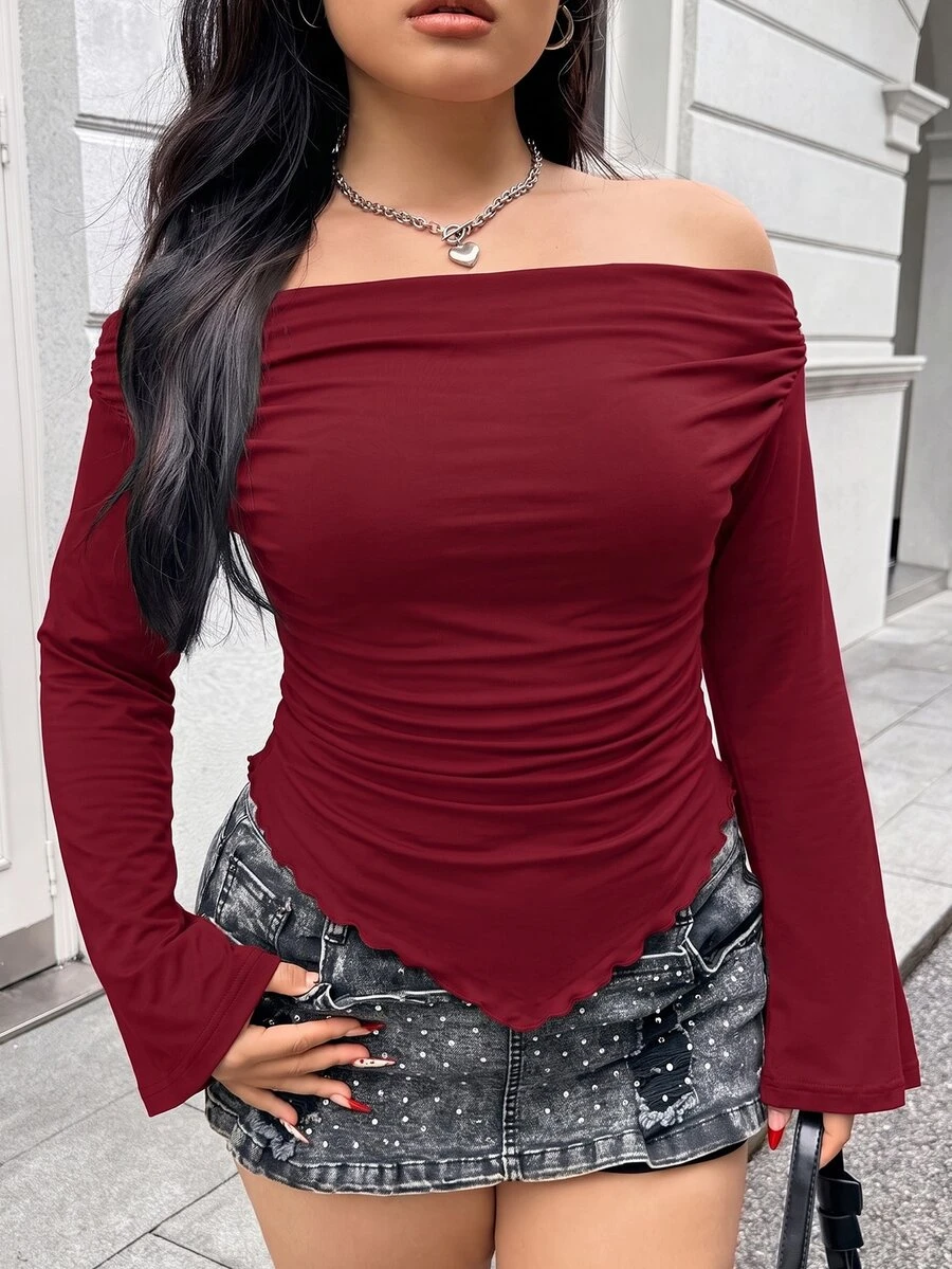 Muchica Burgundy Plus Size Women's Off-Shoulder T-Shirt Fall - Burgundy - View 1