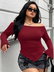 Muchica Burgundy Plus Size Women's Off-Shoulder T-Shirt Fall - Burgundy - View 4