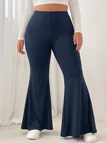 SHEIN EZwear 大尺碼女款純色休閒百搭日常穿著喇叭褲 秋季 - 藏蓝色 - 查看 4