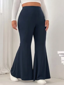 SHEIN EZwear 大尺碼女款純色休閒百搭日常穿著喇叭褲 秋季 - 藏蓝色 - 查看 3