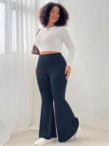 SHEIN EZwear 大尺碼女款純色休閒百搭日常穿著喇叭褲 秋季 - 藏蓝色 - 查看 5