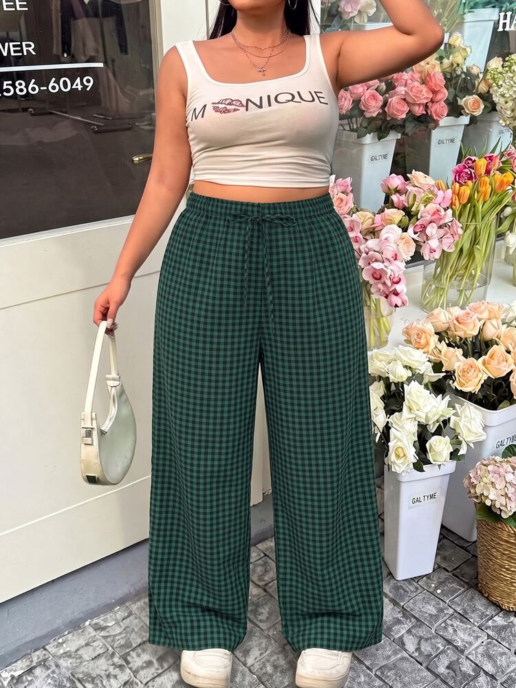 GalTyme Plus Size Casual Plaid Drawstring Waist Loose Pants Fall - Dark Green - View 3