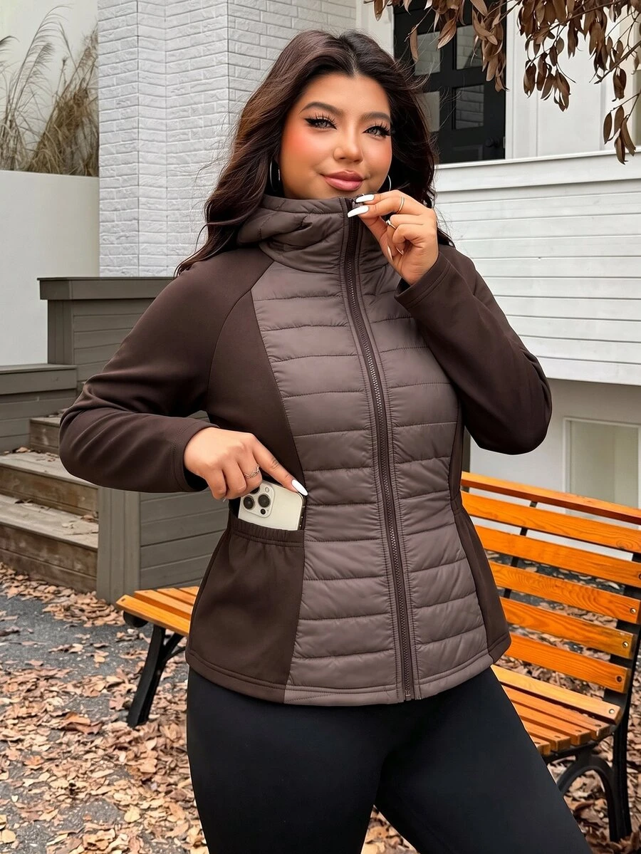 SHEIN EZwear Plus Size Women's Autumn/Winter Zip-Up Hooded Jacket With Pockets - Brown - View 1