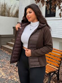 SHEIN EZwear Plus Size Women's Autumn/Winter Zip-Up Hooded Jacket With Pockets - Brown - View 7