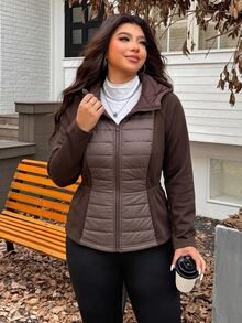 SHEIN EZwear Plus Size Women's Autumn/Winter Zip-Up Hooded Jacket With Pockets - Brown - View 5