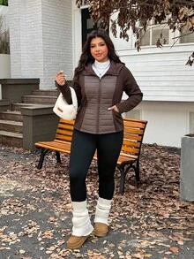 SHEIN EZwear Plus Size Women's Autumn/Winter Zip-Up Hooded Jacket With Pockets - Brown - View 3