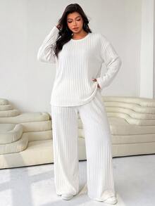 Solflare Plus Size Ribbed Long Sleeve T-Shirt With Padded Chest And Loose Pants 2 Pieces Set - White - View 5