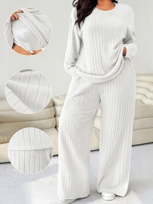 Solflare Plus Size Ribbed Long Sleeve T-Shirt With Padded Chest And Loose Pants 2 Pieces Set - White - View 1