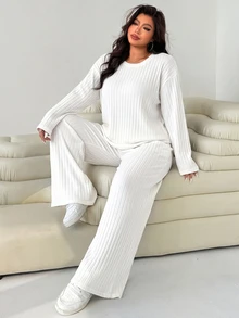 Solflare Plus Size Ribbed Long Sleeve T-Shirt With Padded Chest And Loose Pants 2 Pieces Set - White - View 6