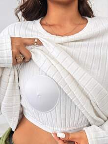 Solflare Plus Size Ribbed Long Sleeve T-Shirt With Padded Chest And Loose Pants 2 Pieces Set - White - View 7