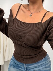 GalTyme 大尺碼女款秋冬針織保暖舒適黑色露肩T恤 - 巧克力棕 - 查看 4