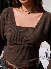 GalTyme 大尺碼女款秋冬針織保暖舒適黑色露肩T恤 - 巧克力棕 - 查看 6