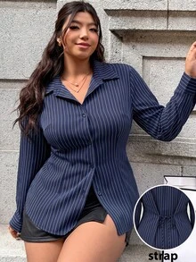 SHEIN EZwear 女款大尺碼藍色條紋單排扣後綁帶通勤約會外出襯衫 秋季 - 藏蓝色 - 查看 2