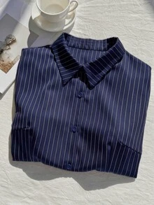 SHEIN EZwear 女款大尺碼藍色條紋單排扣後綁帶通勤約會外出襯衫 秋季 - 藏蓝色 - 查看 5