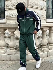 男童 2件組撞色標語拼接拉鍊連帽防風夾克與運動長褲套裝，青少年男孩休閒運動風運動服，兒童酷炫街頭風運動服套裝 - 彩色 - 查看 7