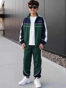男童 2件組撞色標語拼接拉鍊連帽防風夾克與運動長褲套裝，青少年男孩休閒運動風運動服，兒童酷炫街頭風運動服套裝 - 彩色 - 查看 4