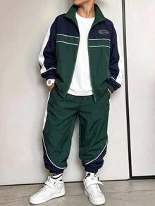 男童 2件組撞色標語拼接拉鍊連帽防風夾克與運動長褲套裝，青少年男孩休閒運動風運動服，兒童酷炫街頭風運動服套裝 - 彩色 - 查看 1