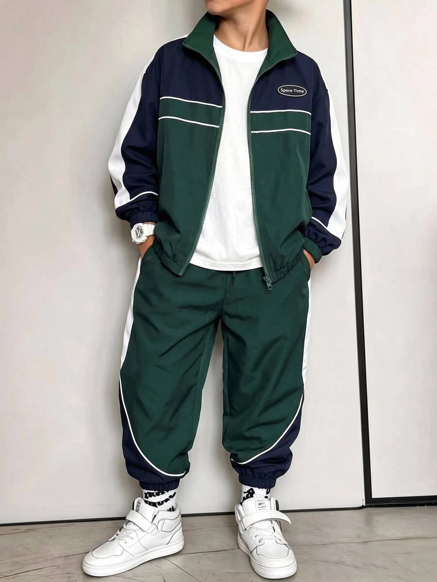 男童 2件組撞色標語拼接拉鍊連帽防風夾克與運動長褲套裝,青少年男孩休閒運動風運動服,兒童酷炫街頭風運動服套裝 - 彩色 - 查看 1